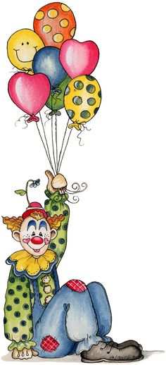 a drawing of a clown holding balloons in the air with his feet on the ground