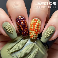 Celebrate the harvest season with 3D textured nails inspired by multicolored corn kernels. These hyper-realistic nails feature intricate beaded details and a husk-like accent for a bold and tactile Thanksgiving look.” Corn Nails Art, 3d Thanksgiving Nails, Realistic Nails, Texture Nails, Corn Nails, Textured Nails, Groovy Nails, Turkey Nails, Harvest Corn