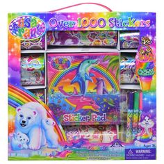 an assortment of stickers with unicorns and dolphins on them in a display case