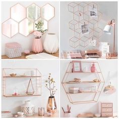 four different pictures of shelves with pink and white accessories on them, one in the shape of hexagons