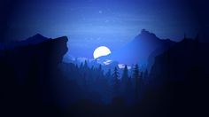 a night scene with the moon rising over mountains and trees in the foreground, silhouetted against a dark blue sky