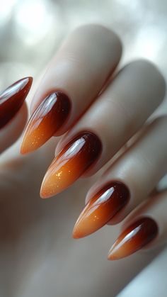 Orange Gradient Nails Fall, Brown Orange Ombre Nails, Fall Nails Ideas Autumn Burnt Orange, Orange Chrome Tip Nails, Autumn Gradient Nails, Black And Orange Ombré Nails, Ombre Almond Nails With Design, Hunter Orange Nails, Fall Nail Designs Sparkle