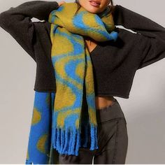 Super Cozy, Soft & Comfy Retro Oversized Scarf! Color - Blue Leaning To Turquoise & Yellow Green - Wavy Pattern Cuddle Up In This Oversized Blanket Scarf. Woven With An Allover Modern Print And Finished With A Brushed-Soft Texture For A Cozy Look & Feel. Brand New With Tags Measurements: 30 Inches By 88 Inches (Not Including Fringe)