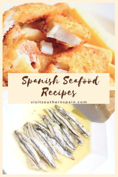 the spanish seafood recipe is shown in this collage