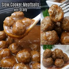 slow cooker meatballs with gravy being spooned out