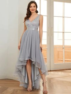 Sequin V-Neck Sleeveless High Low Evening Dress Pretty Woman Cocktail Dress, Tulle Formal Dress, High Low Evening Dresses, Evening Party Gowns, Ever Pretty, Bridesmaid Dresses Prom, Midi Slip Dress, Ballet Dress, Mini Skater Dress