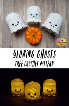 three crocheted pumpkins sitting next to each other with the text glowing ghost's free crochet pattern