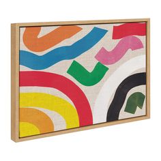 an abstract painting in wood frame with multicolored lines and shapes on white background