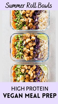 Summer Roll Bowl High Protein Vegan Meal Prep Recipe Protein Packed Vegan Meals, Vegan High Protein Meal Prep, Summer Roll Bowl, Protein Boxes, Meat Bowl, Meal Prep High Protein, Spicy Peanut Dressing, Bowl Meal Prep, Veggie Meal Prep