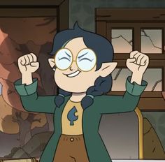 an animated image of a woman with her arms in the air and eyes wide open