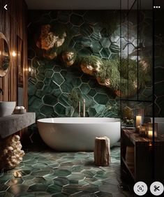 a bathroom with a large white bath tub sitting next to a wooden table and mirror