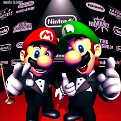 two nintendo characters giving thumbs up in front of a red carpet