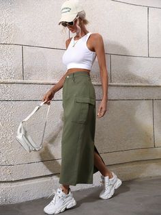 Solid Flap Pocket Denim Skirt | SHEIN USA Denim Green Skirt Outfit, Green Denim Skirt Outfit, Cargo Denim Skirt, Green Skirt Outfits, Green Denim Skirt, Long Green Skirt, Midi Outfits, Denim Skirt Fashion, Long Jean Skirt