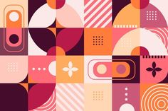 an abstract pattern with circles and squares in pink, orange, yellow and red colors