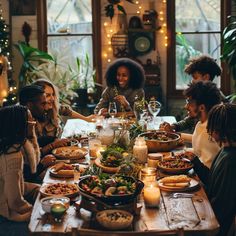 a group of people sitting around a table with food and candles in front of them