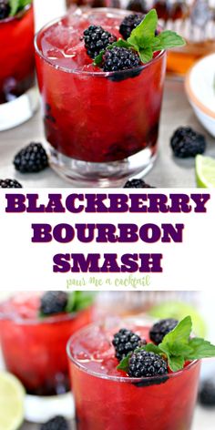 blackberry bourbon smash in glasses with limes and blackberries on the rim for garnish