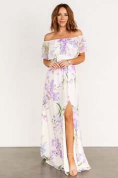 Daphne Off Shoulder Maxi Dress | Ivory + Lavender Floral Fitted Maxi Skirt, Daphne Dress, Ivory Background, Baltic Born, Off Shoulder Maxi Dress, Lavender Floral, Dress Beige, Chiffon Material, Elegant Floral