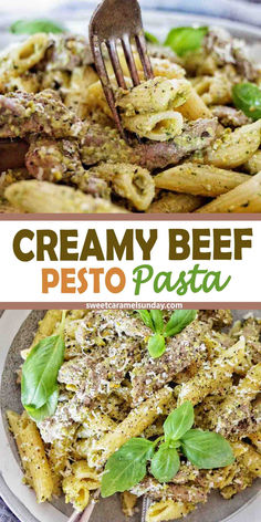 Fork in beef pasta with pesto. There is text written between 2 images. Beef Pesto Recipes, Ground Beef And Pesto Recipe, Ground Beef Pesto Recipes, Beef Pesto Pasta, Pesto Ground Beef, Steak And Pesto Pasta, Steak Pesto Pasta, Ground Beef Pesto, Basil Pesto Recipe Meals