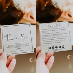 two photos of someone holding up their wedding thank card with wine glasses in the background