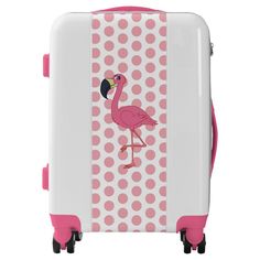 Simply adorable custom designed pink flamingo on a pink polka dot background. Luggage Pink, Flamingo Outfit, White Luggage, Flamingo Illustration, Pink Flamingos Birds, White Flamingo, Monogram Luggage, Flamingo Decor, Polka Dot Background