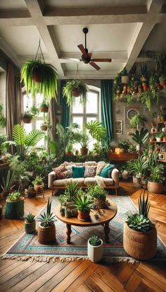 a living room filled with lots of plants and potted plants on top of wooden floors