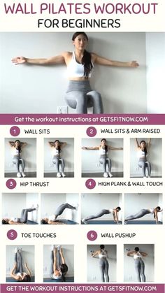 a woman doing yoga poses with the words wall pilatess workout for beginners