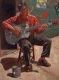 a painting of a man playing the guitar