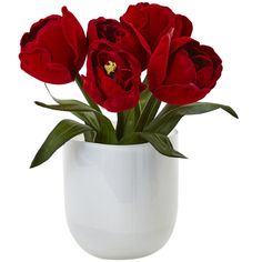 three red flowers are in a white vase