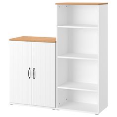 a white bookcase with two doors and a wooden top on the bottom shelf next to it