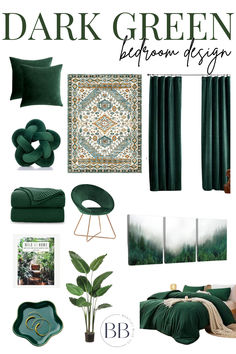 Dark Green bedroom ideas are just what you need when you want a moody aesthetic vibe for your room. Have a forest green accent wall or green wallpaper aesthetic for a pop of color. Match your dark bedroom wall with minimalist elegant gold accents with green velvet curtains and jade colored vases, put a storage ottoman at the end of your bed to store your emerald green blanket to use as an accent for your hotel style bedding! White Dark Green Bedroom, Emerald Green And Black Room Ideas Bedroom, Forest Green Bedding Aesthetic, Room Ideas Emerald Green, Green Room Decor Bedroom, Hunter Green And Grey Bedroom, Emerald Green Comforter Bedroom Ideas, Green Velvet Curtains Bedroom Ideas, Cream And Forest Green Bedroom