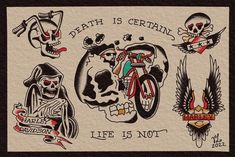 an old school tattoo design with skulls and bikers