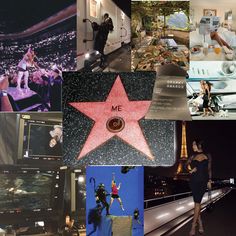 the collage shows many different pictures including a star, and people standing in front of them