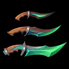 three different types of knifes with green and blue lights on them, against a black background