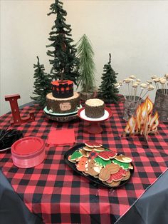 a table topped with cakes and cookies on top of a checkered table cloth