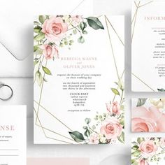 wedding stationery set with pink roses and greenery