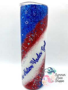 a red, white and blue glittered glass with the words 4th of july written on it