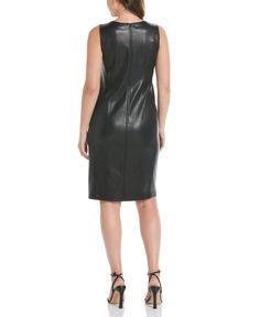 Level up your casual wardrobe with this bold faux leather shift dress from Rafaella. The unlined sleeveless dress has a comfortable and flattering classic fit. An invisible zipper at the back makes it easy to pull on and off without disrupting from the sleek look of the design. Versatile and machine - washable, this eye - catching dress will be one you reach for again and again. 100% Polyester Novelty Fabrication Faux Leather Offers A Classic Look Classic Fit Crew Neck Unlined Invisible Back Zipper 41" Body Length Is Knee Length Sleeveless Machine Wash Imported | Rafaella Women's Vegan Leather Shift Dress in Black, Size 6, Solid, 100% Polyester Petite Pants, Shift Dress Black, Sleek Look, Dress With Cardigan, Casual Wardrobe, Classic Looks, Shift Dress, Denim Dress, Vegan Leather