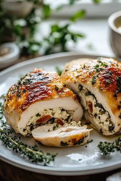 two pieces of chicken on a plate with herbs