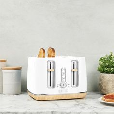 two slices of bread sit on top of a toaster next to a potted plant