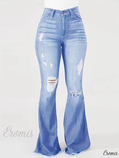 Eromis - High-Waisted Blue Ripped Flared Jeans with Raw Hem and Distressed Slash Pockets - Bell Bottom Denim Pants for Women Fabric Medium, Bell Bottom, Flared Jeans, Bell Bottoms, Denim Pants, Flare Jeans, Types Of Printing, Pants For Women, High Waisted