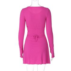 Please refer to our sizing chart for a guideline when choosing a size. 5 business days order processing time. 90% polyester 10% spandex. Trendy Long Sleeve Dresses With Ruffles, Solid Long Sleeve Ruched Bodycon Dress, Non-stretch Solid Mini Dress For Winter, Winter Long Sleeve Non-stretch Mini Dress, Spring Solid Color Bodycon Dress, Long Sleeve Dress With Ruffle Hem, Fitted Ruffle Dresses For Winter, Fall Dresses With Lace-up Back, Fitted Winter Dresses With Ruffles