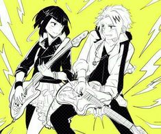 two anime characters with guitars in their hands