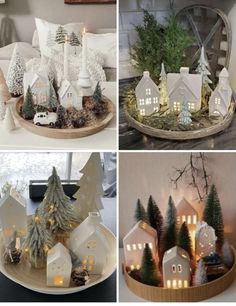 four different pictures of christmas trees and houses on display in the living room or dining room