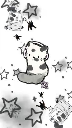 an image of a cartoon character flying through the air with stars around him and other objects in the background