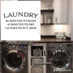 the laundry sign is hanging on the wall in front of washer and dryer