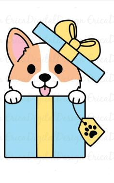 a dog with a bow on it's head is holding a blue gift box