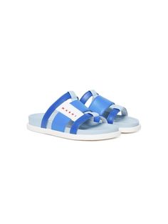 blue calf leather logo-print strap colour-block design open toe slip-on style branded insole rubber sole Casual Summer Sandals With Logo Strap, Leather Sport Sandals With Logo Strap For Summer, Summer Sandals With Logo Strap And Round Toe, Sporty Leather Slides For Spring, Casual Sandals With Logo Strap For Spring, Blue Leather Slides For Summer, Modern Blue Slides For Summer, Sporty Leather Open Toe Slides, Summer Sport Sandals With Logo Strap And Open Toe