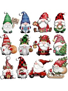 twelve christmas gnomes with different hats and decorations