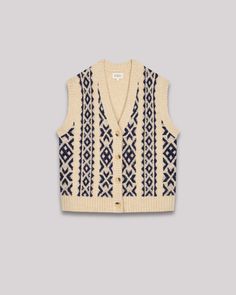 Women's sleeveless vest in jacquard knit on the front. V-neckline with a four-button closure. Jacquard Pattern, Loose Shirts, Jacquard Knit, Best Wear, Kids Sweater, Sleeveless Vest, Wool Blend Sweater, Jumpers And Cardigans, Jeans Dress