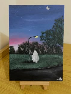 an acrylic painting of a ghost walking down the road with a lamp post